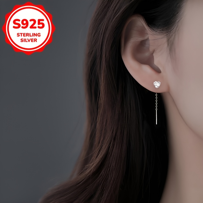 Women's S925 Silver Heart-Shaped Zirconia Tassel Pendant Earrings